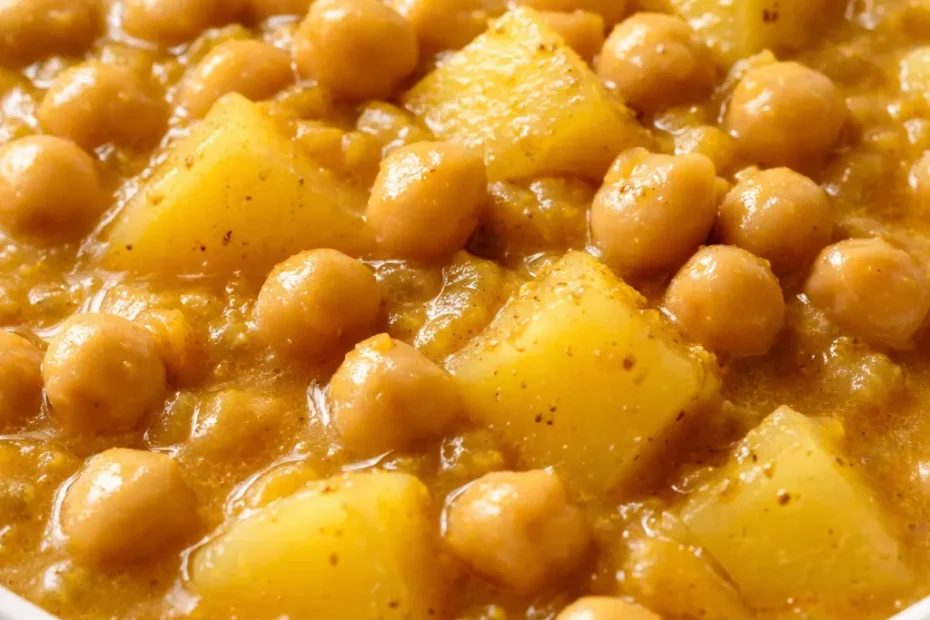 Bowl of chickpea potato curry with creamy golden sauce, tender potatoes, and chickpeas, garnished with fresh cilantro.