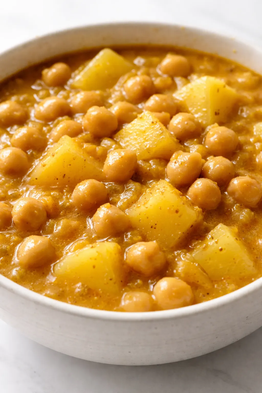 Bowl of chickpea potato curry with creamy golden sauce, tender potatoes, and chickpeas, garnished with fresh cilantro.