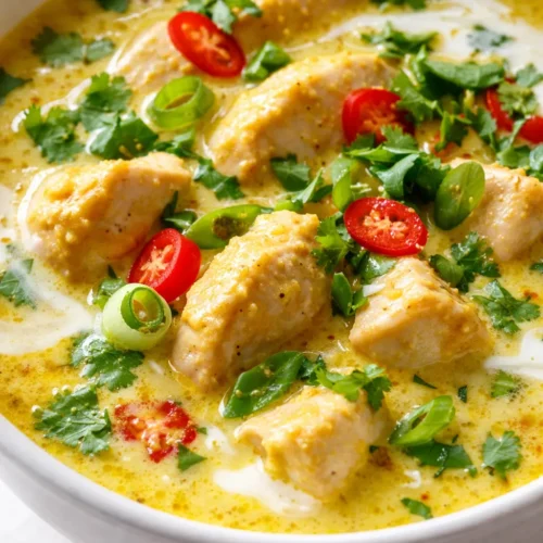 Golden Chinese curry chicken in rich, fragrant broth with tender chicken pieces and vegetables, garnished with fresh cilantro.