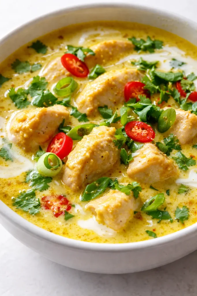 Golden Chinese curry chicken in rich, fragrant broth with tender chicken pieces and vegetables, garnished with fresh cilantro.