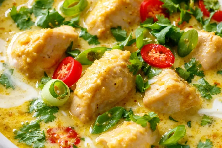 Golden Chinese curry chicken in rich, fragrant broth with tender chicken pieces and vegetables, garnished with fresh cilantro.