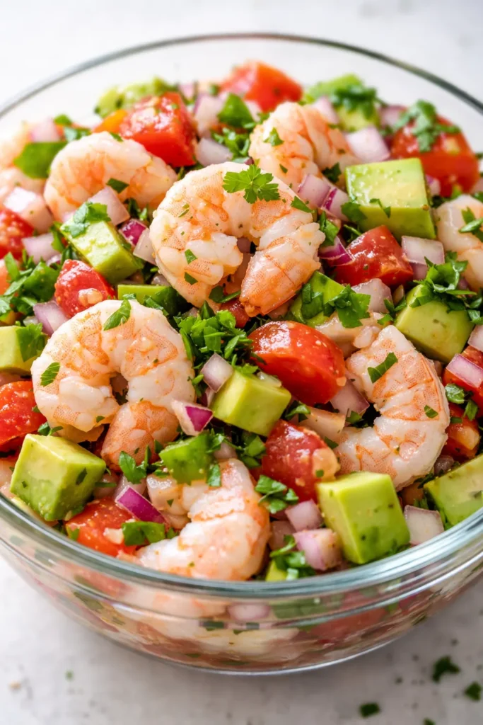 Citrus-cured shrimp ceviche in a glass bowl with vibrant diced tomatoes, onions, cilantro, and avocado slices, garnished with lime and tortilla chips.
