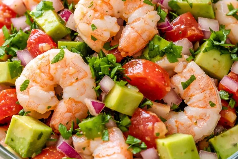 Citrus-cured shrimp ceviche in a glass bowl with vibrant diced tomatoes, onions, cilantro, and avocado slices, garnished with lime and tortilla chips.