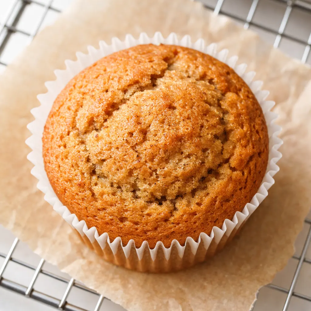Mixing coconut flour banana bread muffin batter in a bowl, showing thick golden-brown texture with banana chunks.