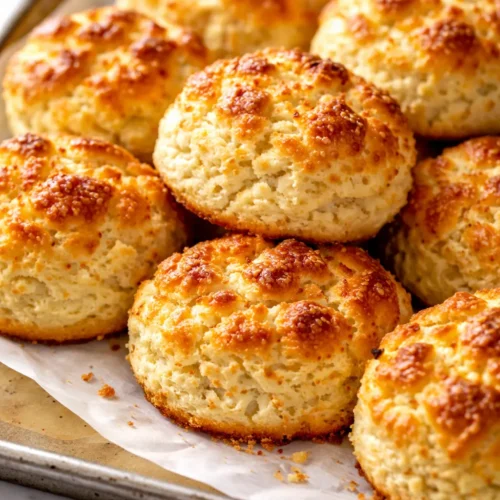 Golden brown fluffy high-protein cottage cheese breakfast biscuits with a soft crumb, stacked on a wooden board.