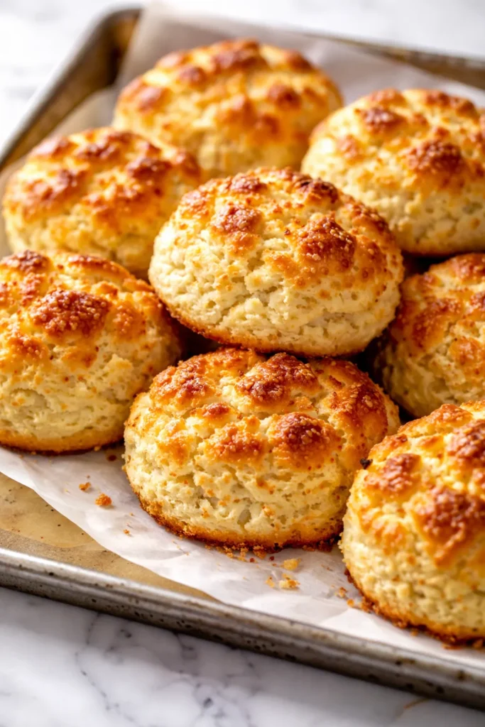 Golden brown fluffy high-protein cottage cheese breakfast biscuits with a soft crumb, stacked on a wooden board.