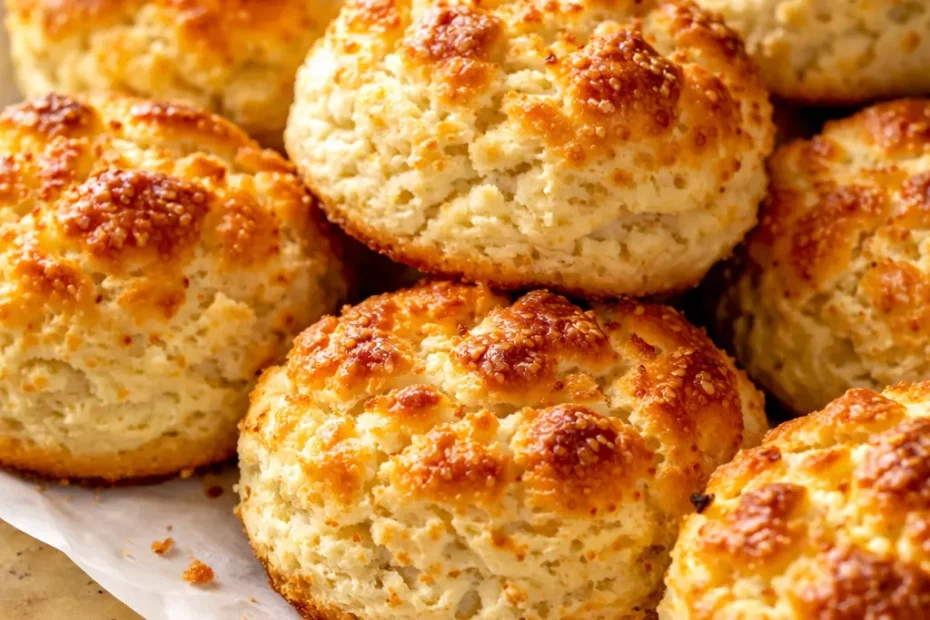 Golden brown fluffy high-protein cottage cheese breakfast biscuits with a soft crumb, stacked on a wooden board.