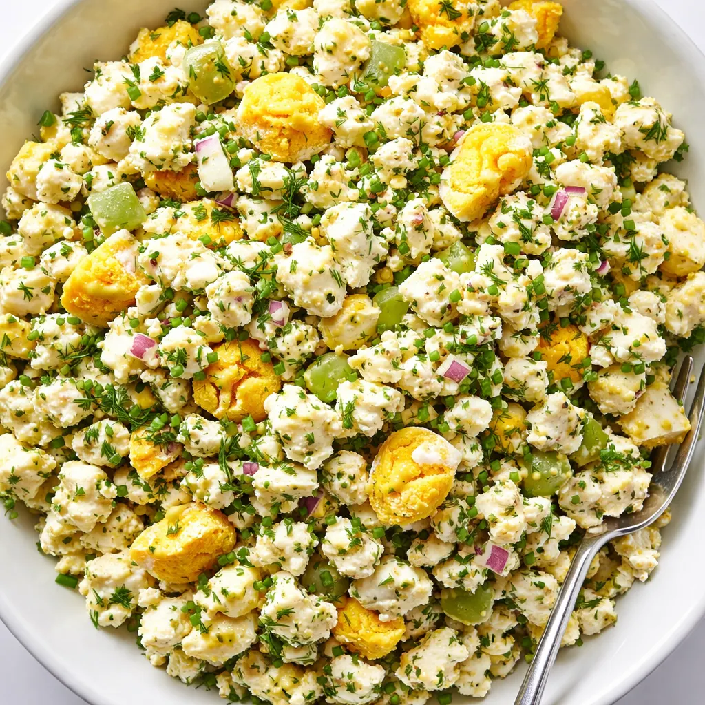 Creamy cottage cheese egg salad with chunks of egg and fresh dill on a rustic plate