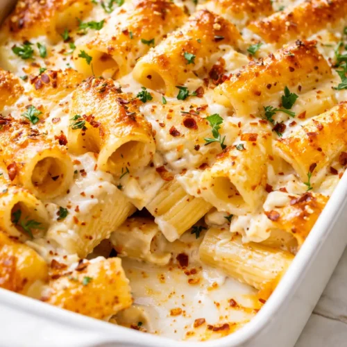 Golden, crispy top on cottage cheese rigatoni with creamy pasta and melted cheese revealed underneath.