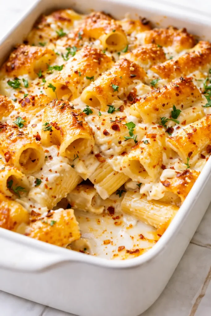 Golden, crispy top on cottage cheese rigatoni with creamy pasta and melted cheese revealed underneath.
