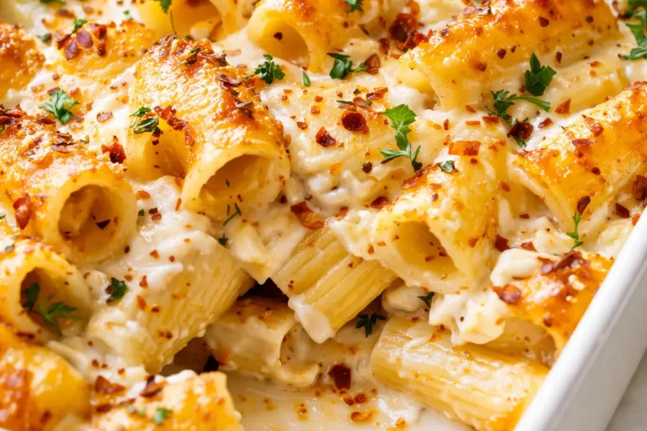 Golden, crispy top on cottage cheese rigatoni with creamy pasta and melted cheese revealed underneath.
