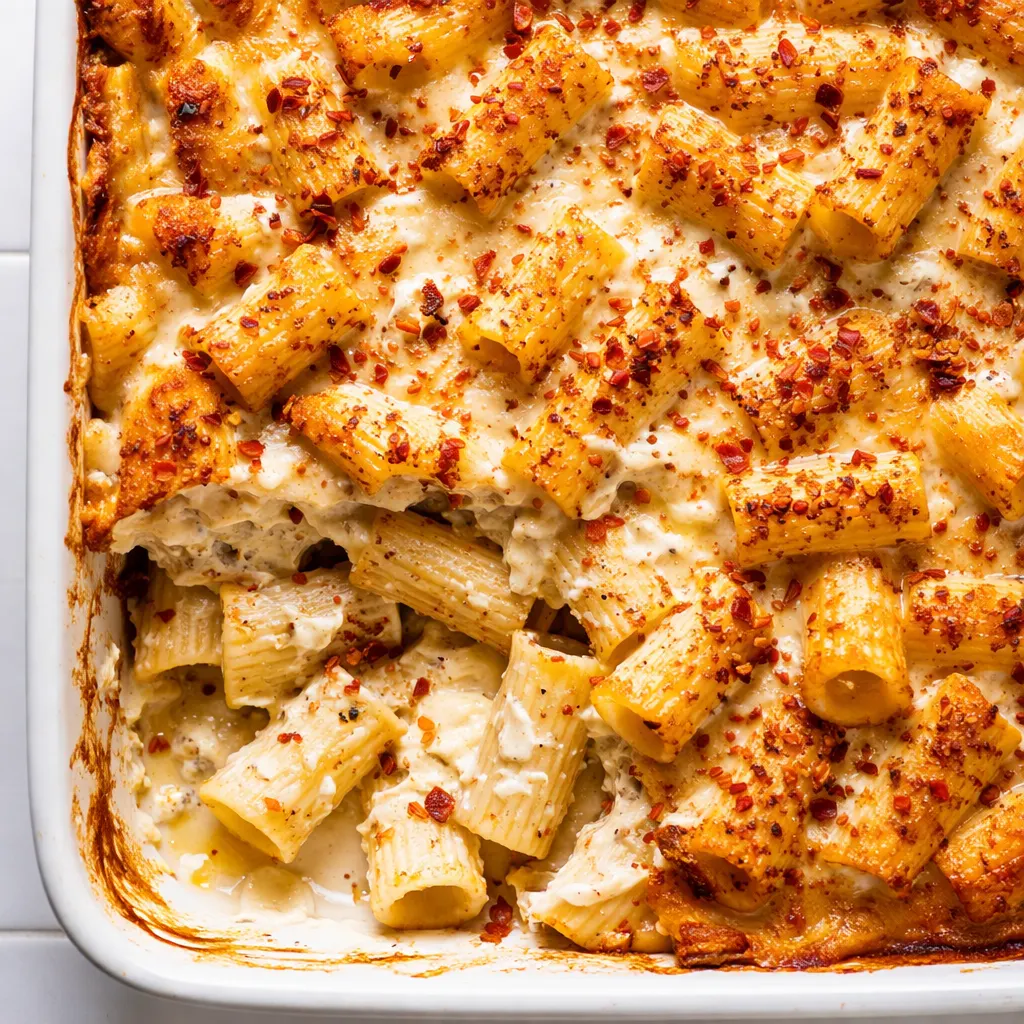 Golden, crispy top of cottage cheese rigatoni in a baking dish, with browned cheese and tender pasta peeking through.