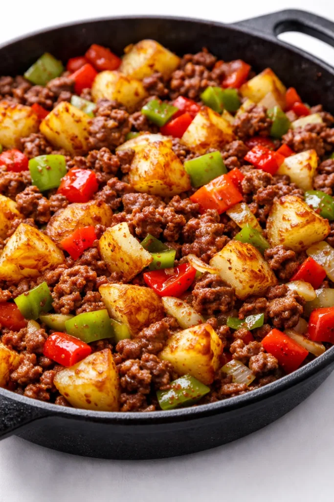 Savory cowboy stir fry with seasoned beef, colorful peppers, and onions in a cast iron skillet, hearty and golden brown.