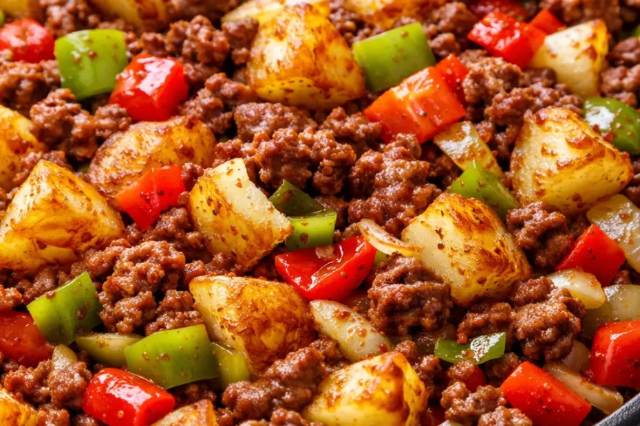 Savory cowboy stir fry with seasoned beef, colorful peppers, and onions in a cast iron skillet, hearty and golden brown.
