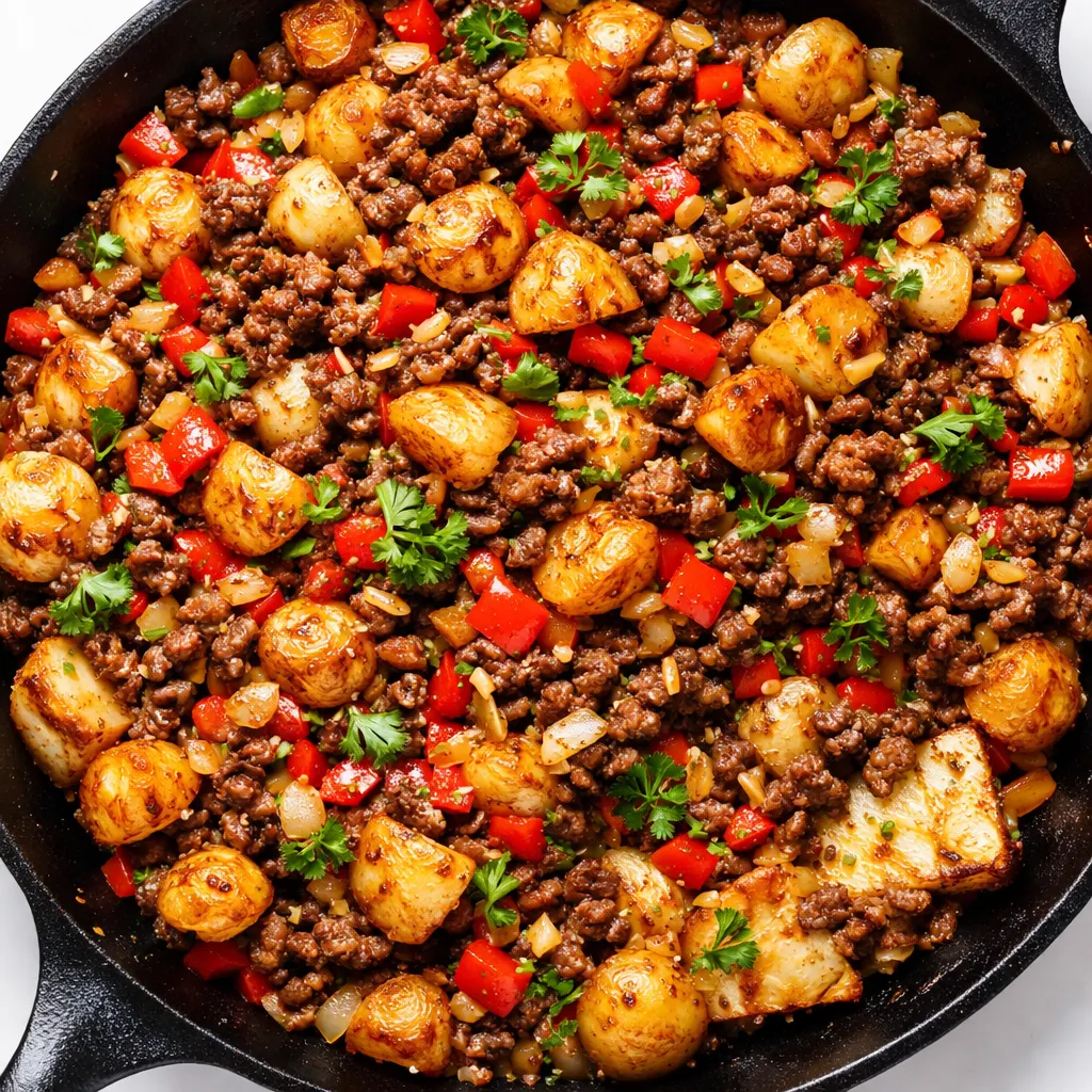 Beef and bell peppers sizzling in a cast iron skillet for cowboy stir fry, with a rustic, hearty texture.