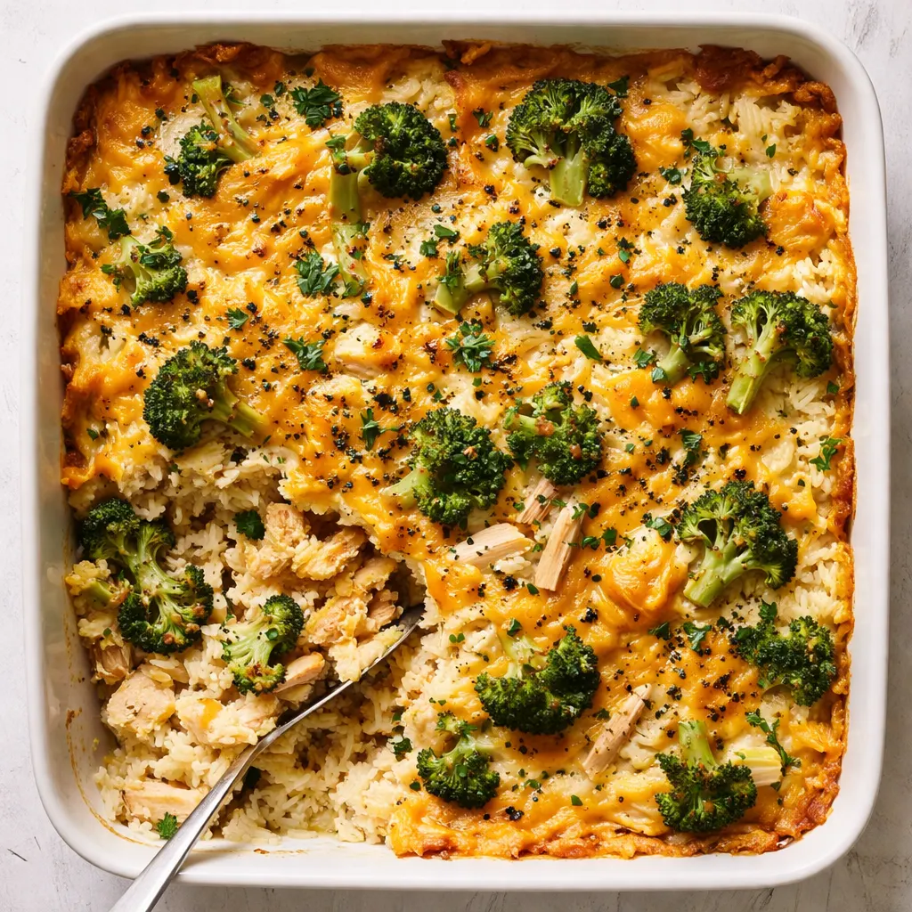 Creamy broccoli cheddar chicken and rice casserole bubbling in a baking dish with melted cheese and tender broccoli florets.