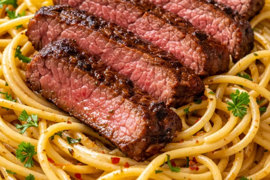 Creamy garlic butter steak pasta with tender strips of beef and al dente penne in a rich, buttery sauce.