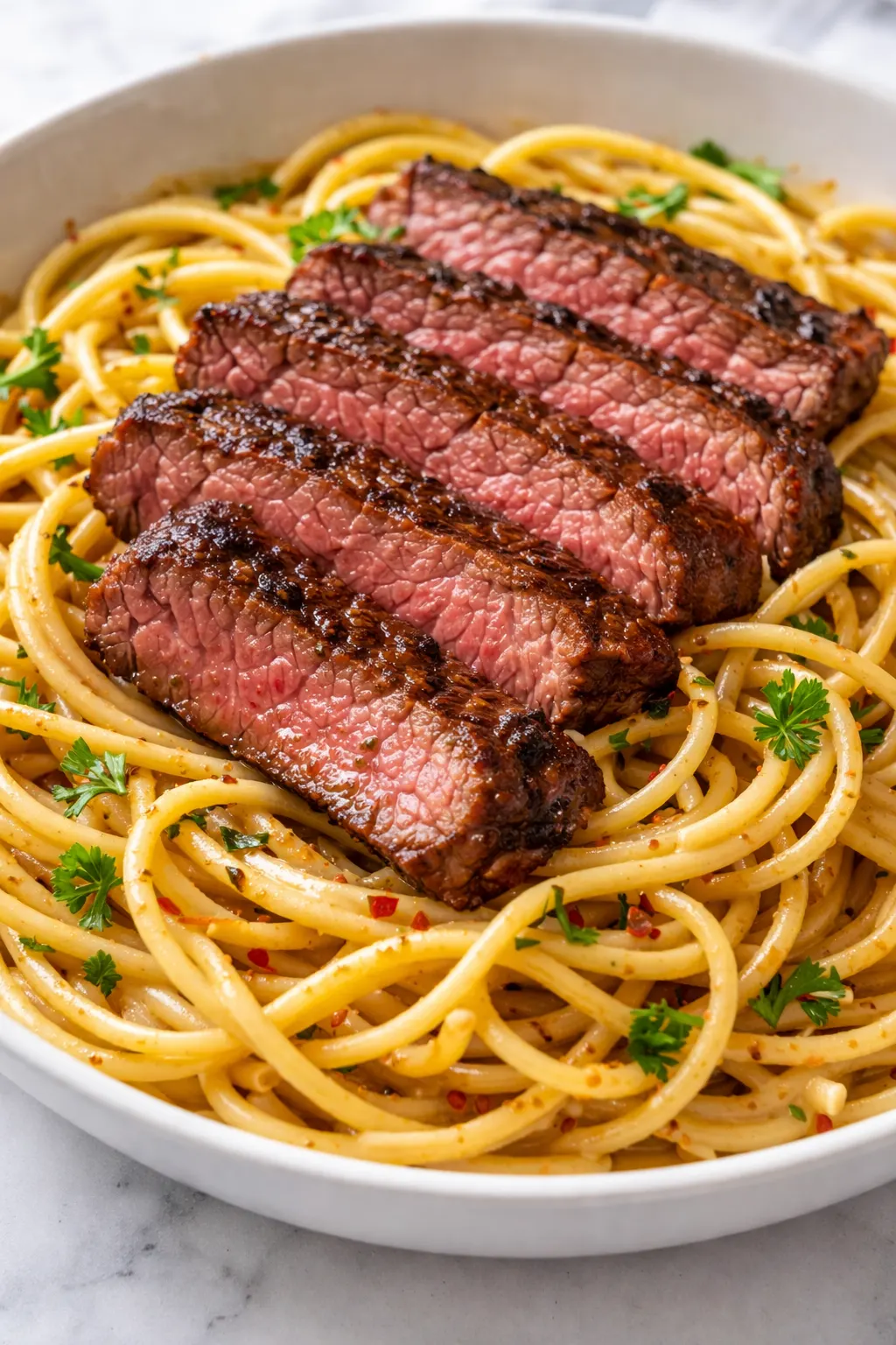 Creamy garlic butter steak pasta with tender strips of beef and al dente penne in a rich, buttery sauce.