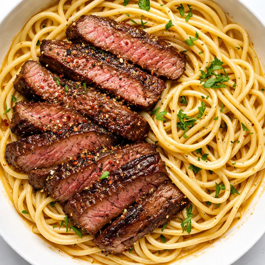 Searing steak strips in a hot pan with creamy garlic butter sauce, golden brown edges and aromatic garlic pieces.