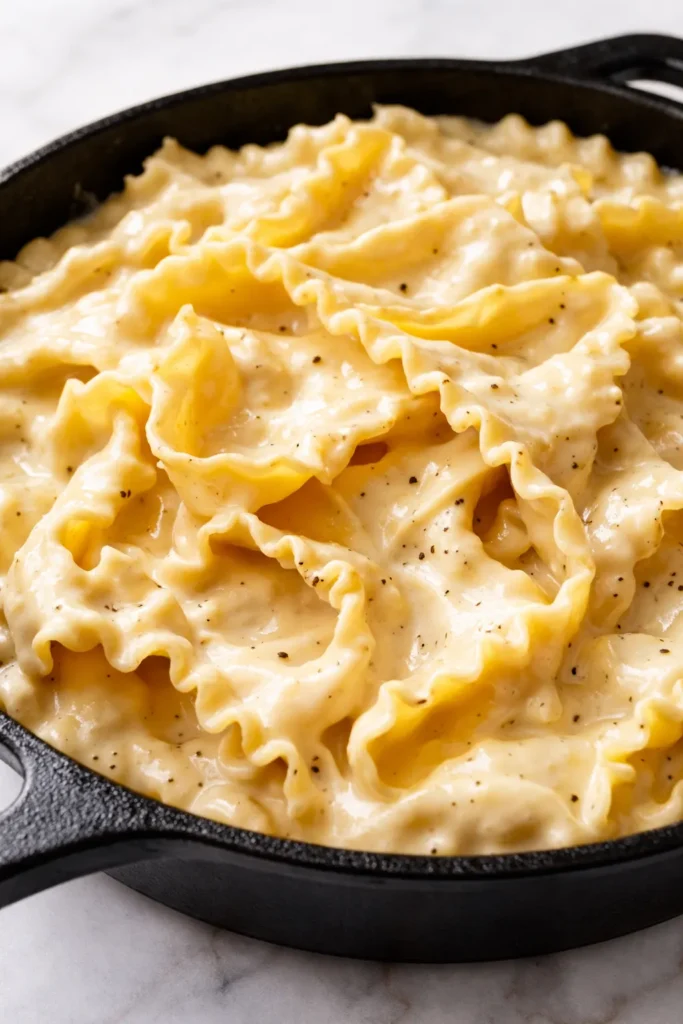 Creamy one skillet lasagna with layers of tender pasta, ricotta, mozzarella, and marinara, golden and bubbly on top.