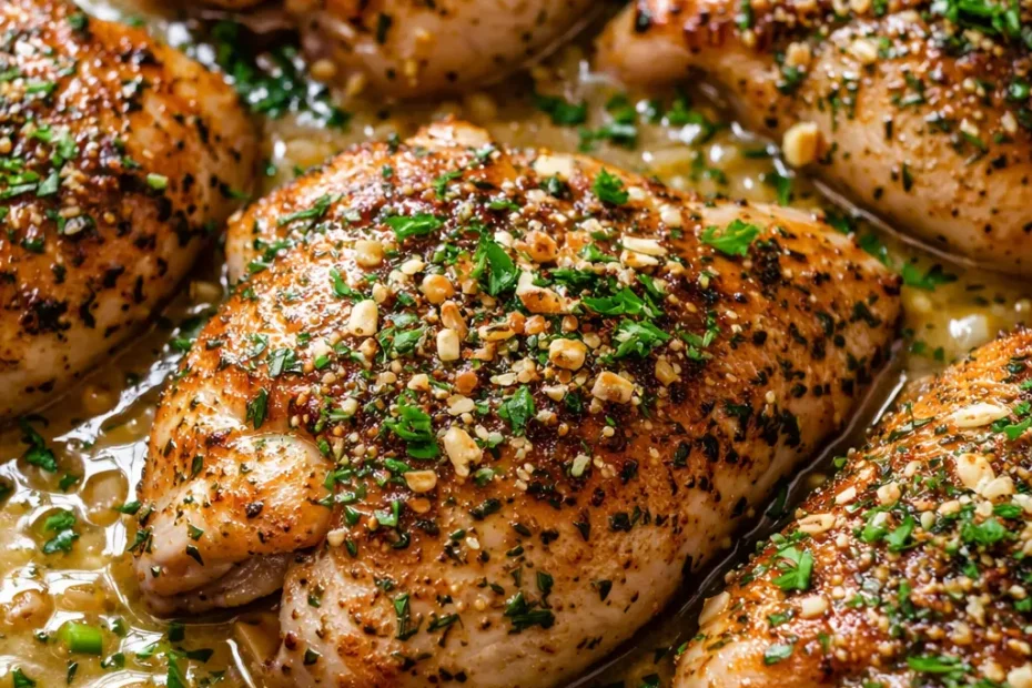 Creamy ranch chicken with a golden-brown crust and smooth tangy sauce, garnished with fresh chives