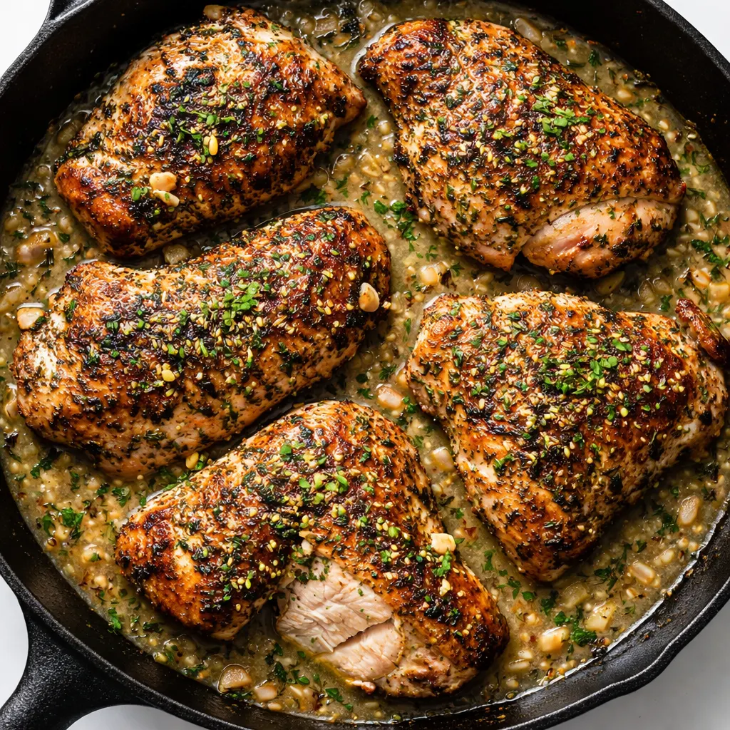 Creamy ranch chicken simmering in a skillet with a thick, herb-flecked cream sauce.