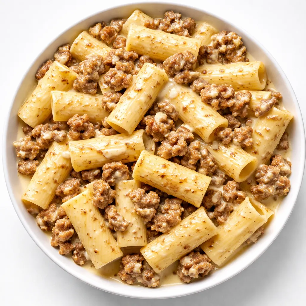 Creamy sausage rigatoni with spinach in a pan, rich sauce coating pasta and sausage pieces.