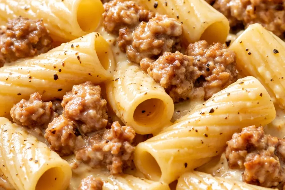 Rich creamy sauce coating rigatoni pasta with savory sausage pieces and fresh spinach leaves.