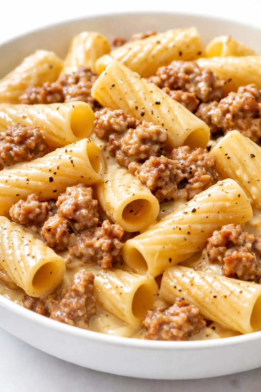 Rich creamy sauce coating rigatoni pasta with savory sausage pieces and fresh spinach leaves.