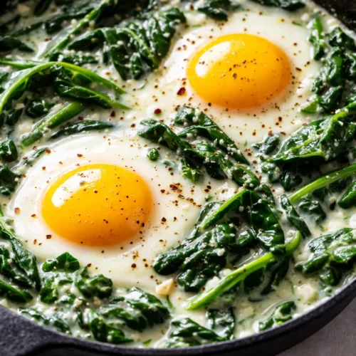 Creamy spinach and eggs with soft yolks and velvety green spinach in a white bowl
