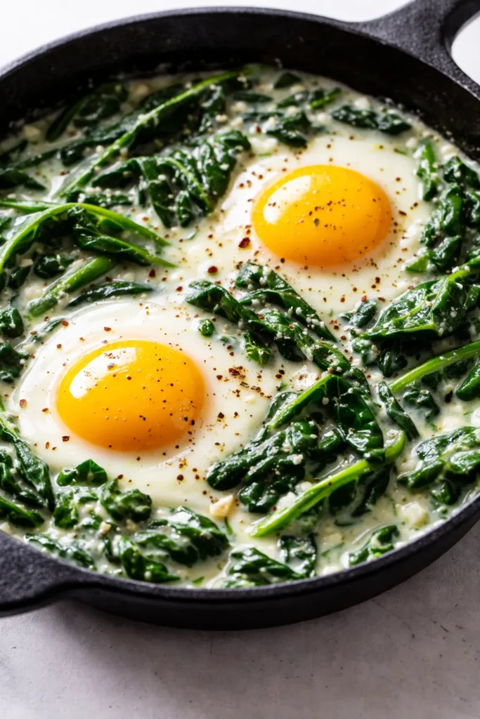 Creamy spinach and eggs with soft yolks and velvety green spinach in a white bowl
