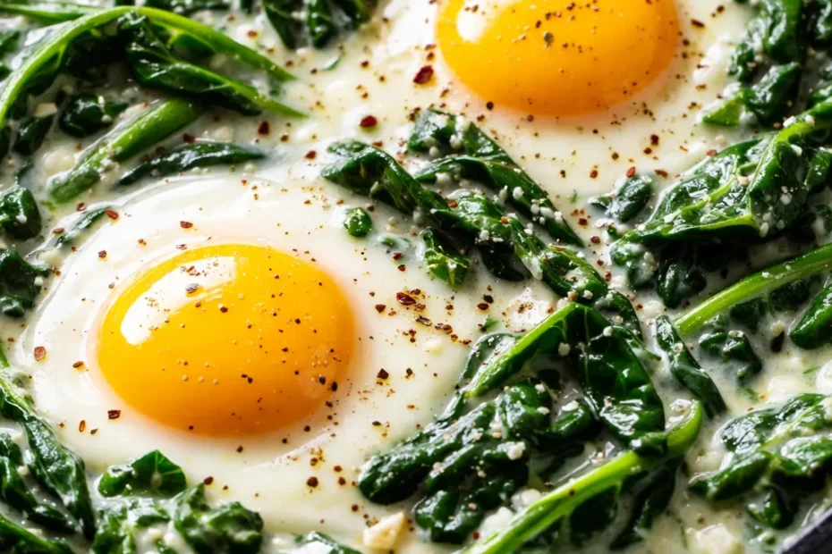 Creamy spinach and eggs with soft yolks and velvety green spinach in a white bowl