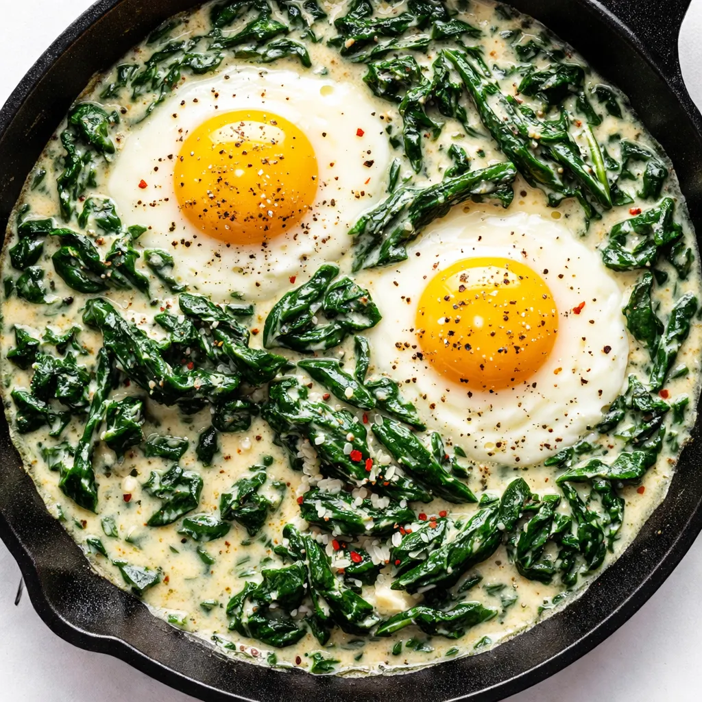 Creamy spinach and eggs cooking in a skillet, wilted spinach folded into soft scrambled eggs, golden and green.