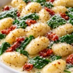 Creamy Tuscan gnocchi with sun-dried tomatoes, spinach, and rich Parmesan sauce, garnished with fresh basil.