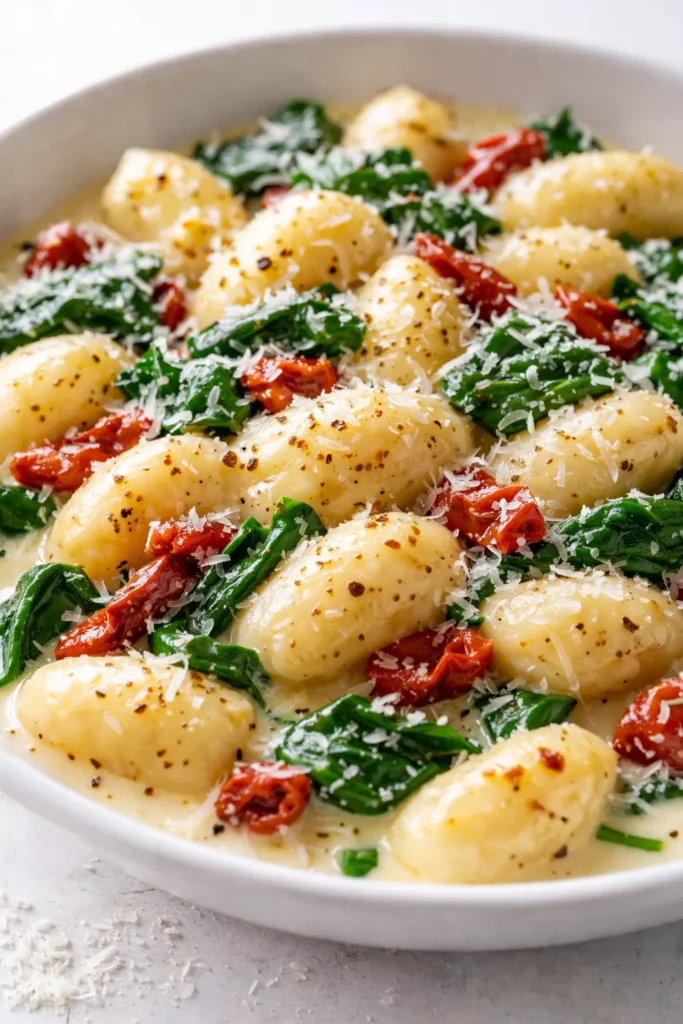 Creamy Tuscan gnocchi with sun-dried tomatoes, spinach, and rich Parmesan sauce, garnished with fresh basil.