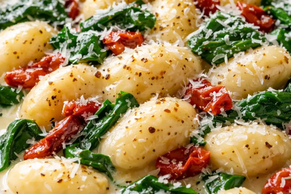Creamy Tuscan gnocchi with sun-dried tomatoes, spinach, and rich Parmesan sauce, garnished with fresh basil.