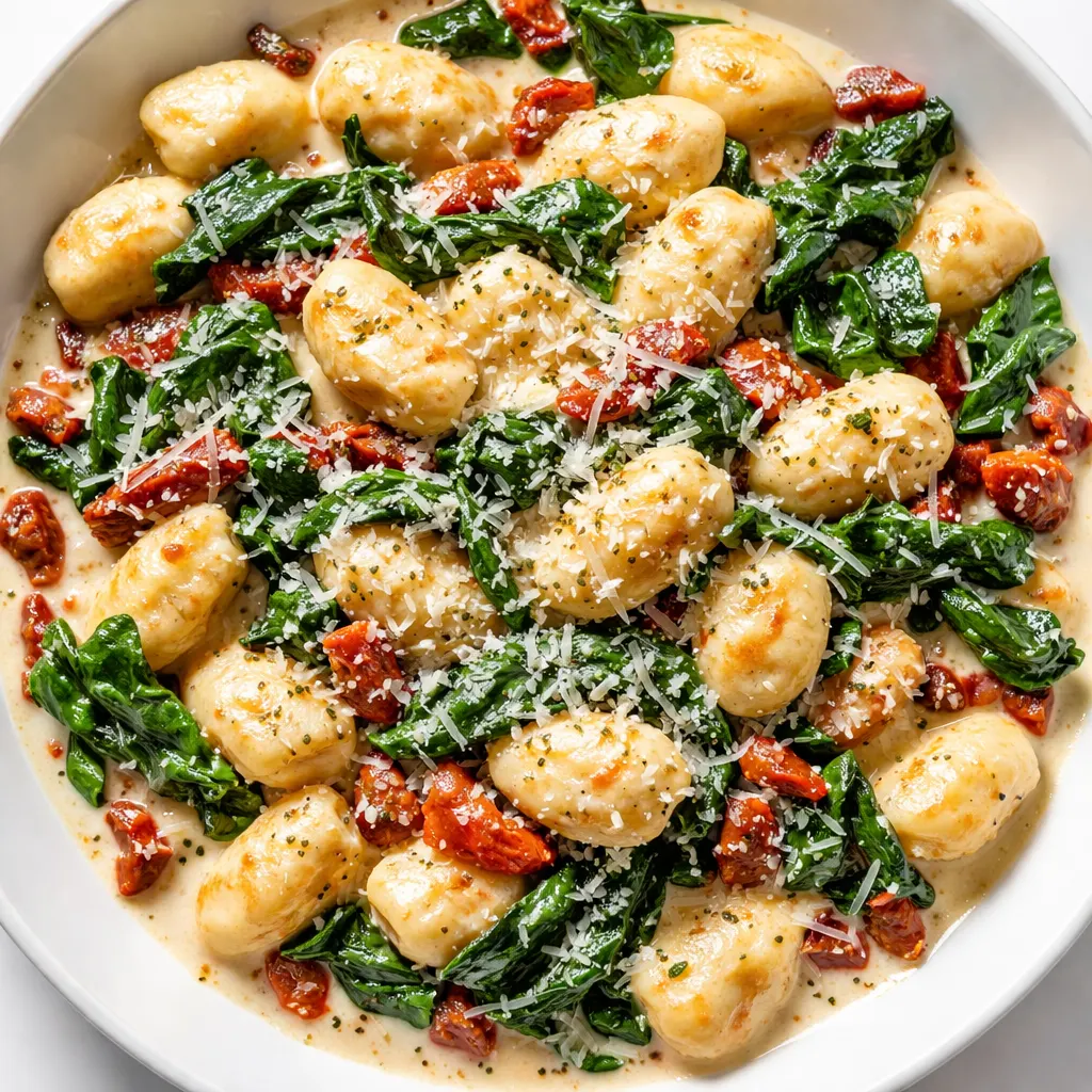 Creamy Tuscan gnocchi simmering in a rich parmesan sauce with fresh spinach and sun-dried tomatoes, soft gnocchi pillows absorbing the flavors.