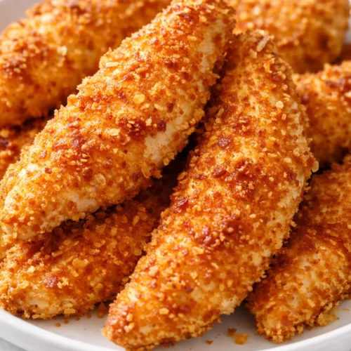 Golden brown crispy baked chicken tenders with a crunchy breadcrumb coating, served on a white plate with dipping sauce.