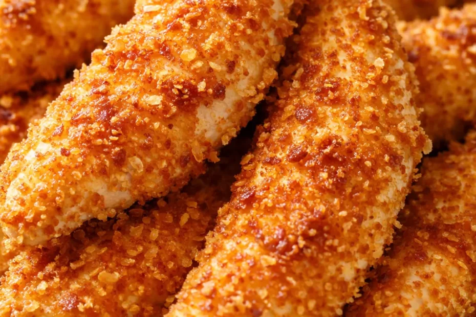Golden brown crispy baked chicken tenders with a crunchy breadcrumb coating, served on a white plate with dipping sauce.