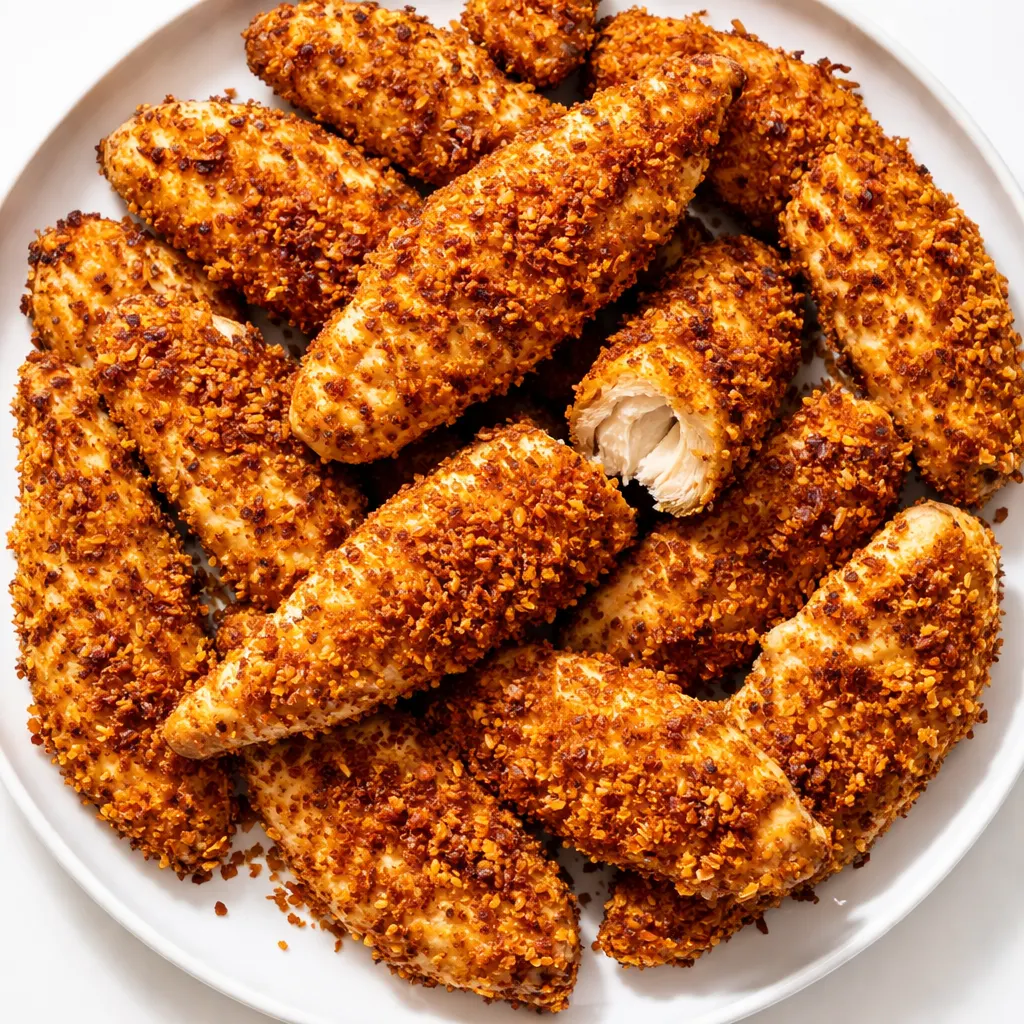 Golden brown crispy baked chicken tenders on a lined baking sheet, steam rising, showing crunchy breading texture.