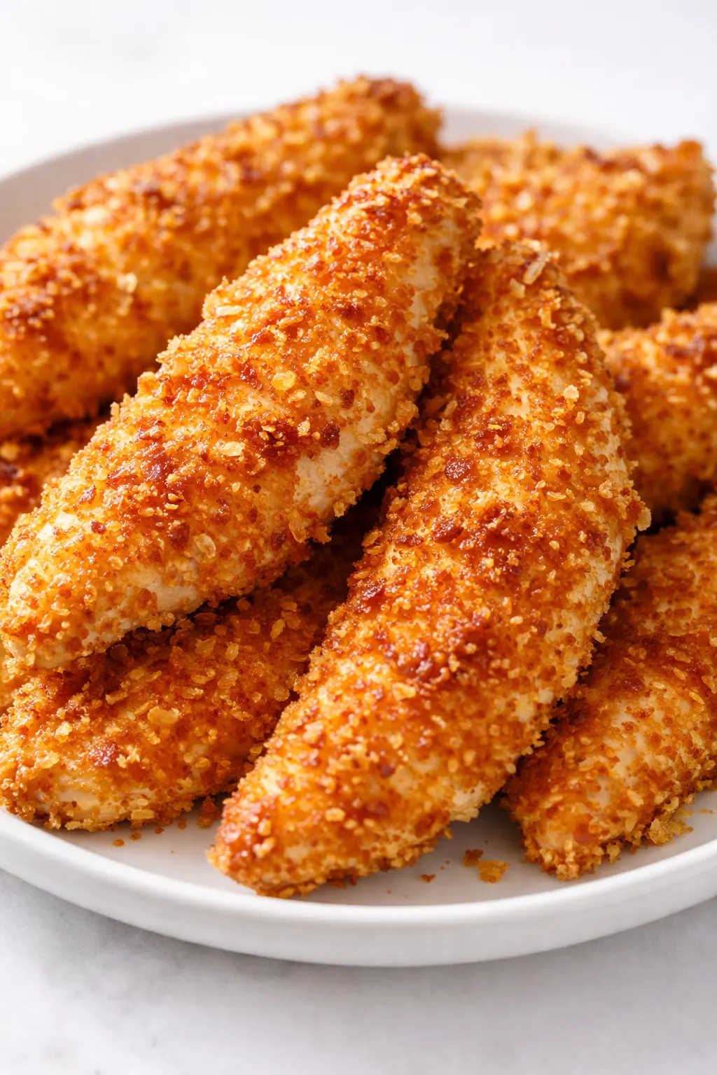 Golden brown crispy baked chicken tenders with a crunchy breadcrumb coating, served on a white plate with dipping sauce.