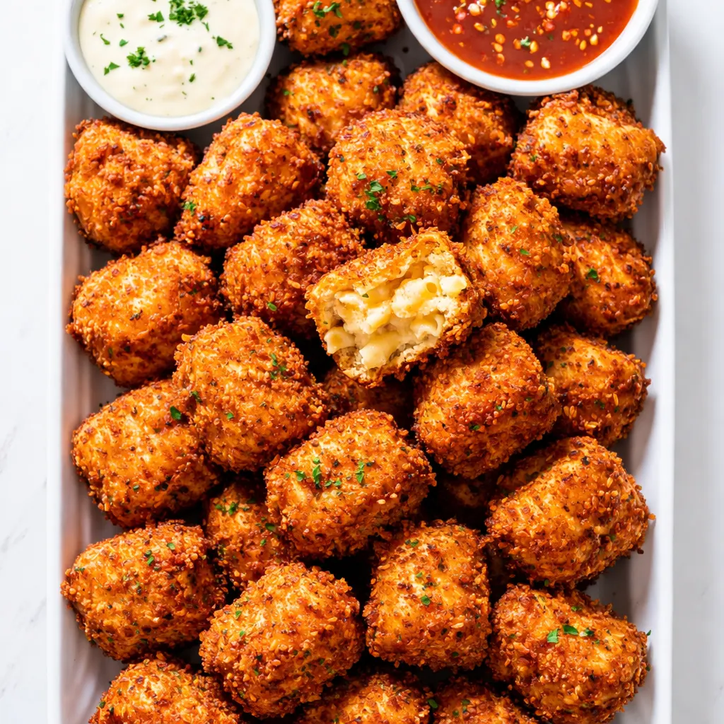 Golden crispy fried mac and cheese bites with a crunchy breadcrumb coating, served on a plate with dipping sauce