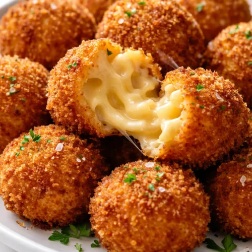 Golden brown crispy fried mac and cheese balls with crunchy exterior and creamy cheese center, served with marinara dipping sauce.