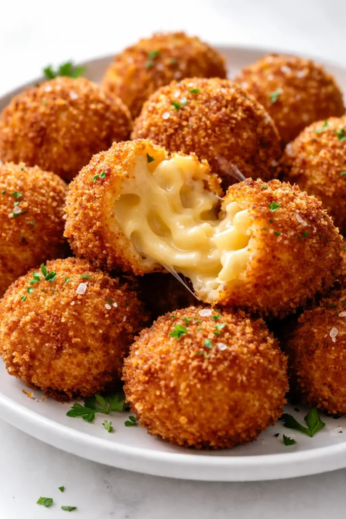 Golden brown crispy fried mac and cheese balls with crunchy exterior and creamy cheese center, served with marinara dipping sauce.