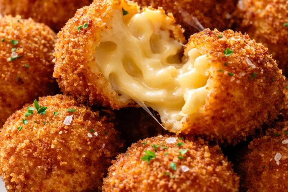 Golden brown crispy fried mac and cheese balls with crunchy exterior and creamy cheese center, served with marinara dipping sauce.
