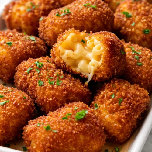 Golden crispy fried mac and cheese bites with melted cheese center, crunchy coating, served warm.