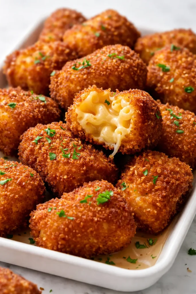 Golden crispy fried mac and cheese bites with melted cheese center, crunchy coating, served warm.