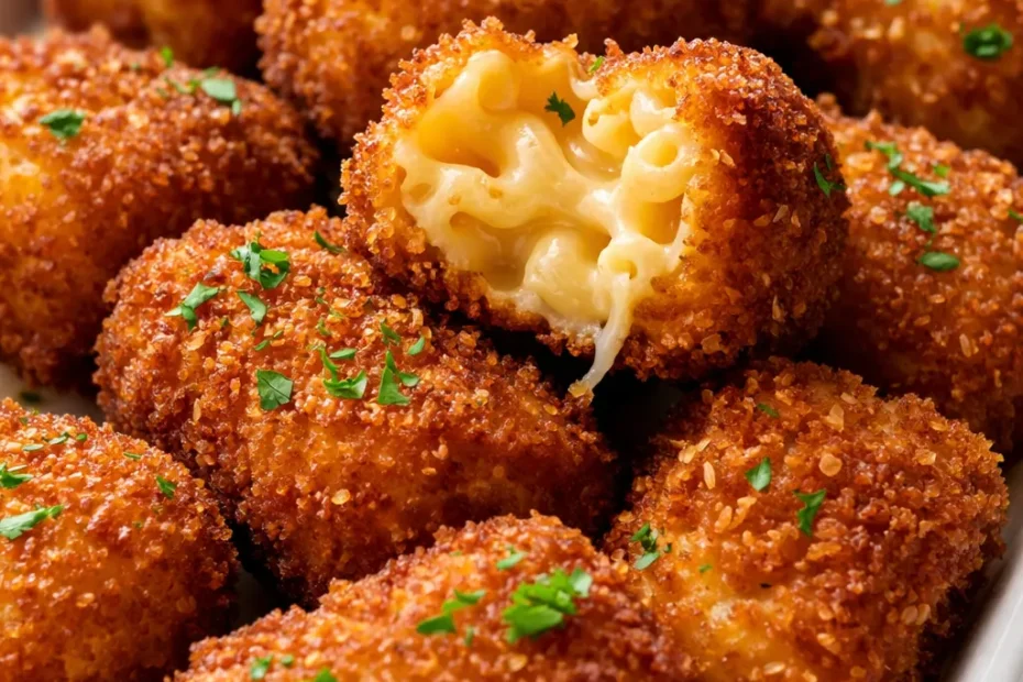 Golden crispy fried mac and cheese bites with melted cheese center, crunchy coating, served warm.
