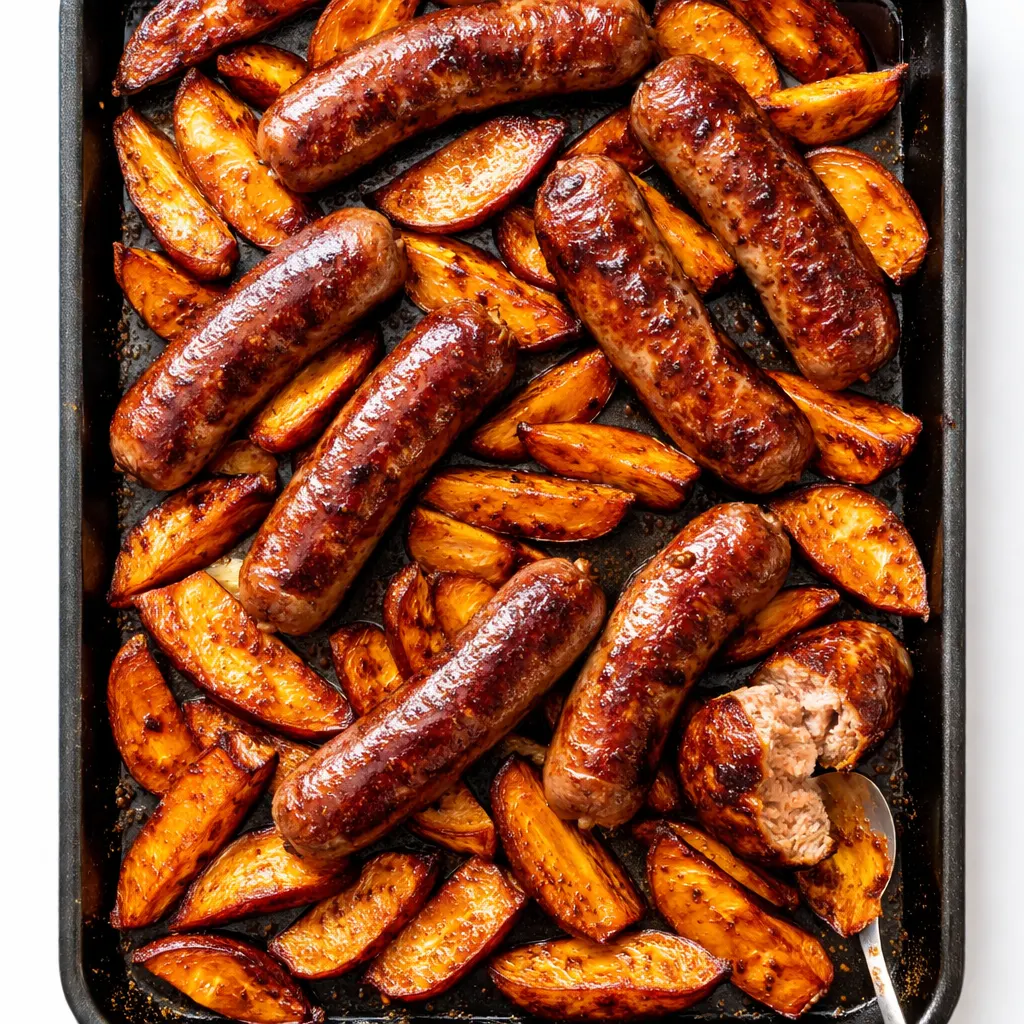 Honey garlic sausages and sweet potato chunks arranged on a sheet pan, edges caramelized and crispy, glossy honey garlic glaze coating the sausage.