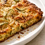 Golden crispy Italian zucchini scarpaccia slice on a white plate, showing crunchy edges and fresh herbs